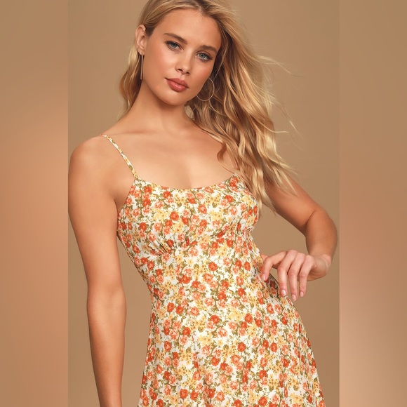 Lulu's Cream Floral Spaghetti-Strap Mini Dress with Orange & Green Accent - Picture 2 of 7